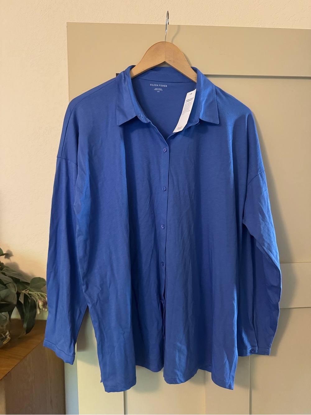 Eileen fisher L NWT Classic Blue Box Collared Shirt Button Up Long Sleeve